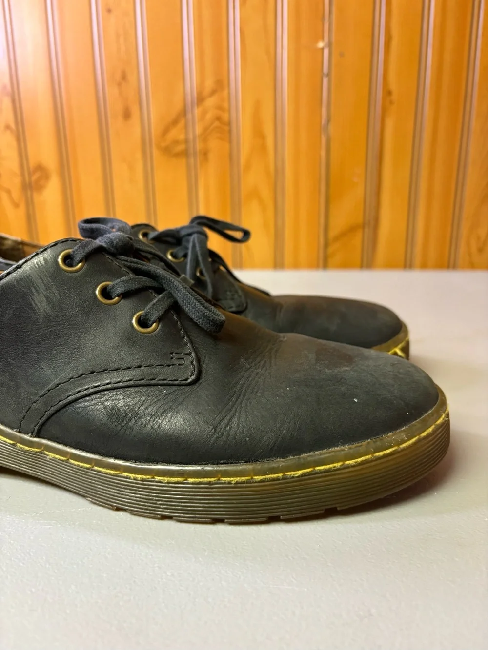 Dr. Martens Black Leather Derby Shoes with Yellow Stitching